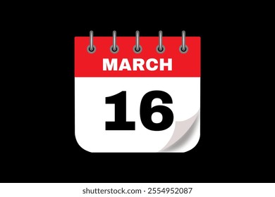 16 March calendar icon text page monthly web design on red, white and black background vector, icon, or illustration with the month of March 16