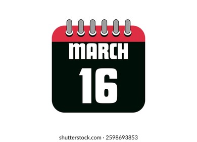 16 March calendar icon text page monthly web design on red, black and white background vector, icon, or illustration with the month of March 16