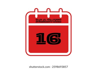 16 March calendar icon text page monthly web design on red, black and white background vector, icon, or illustration with the month of March 16