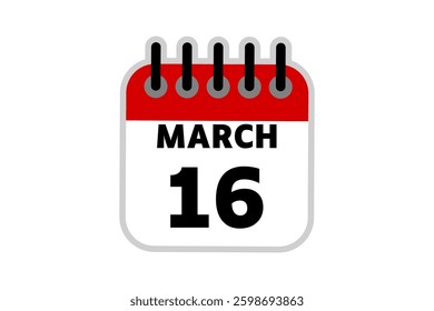16 March calendar icon text page monthly web design on red, black and white background vector, icon, or illustration with the month of March 16
