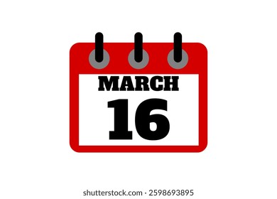 16 March calendar icon text page monthly web design on red, black and white background vector, icon, or illustration with the month of March 16