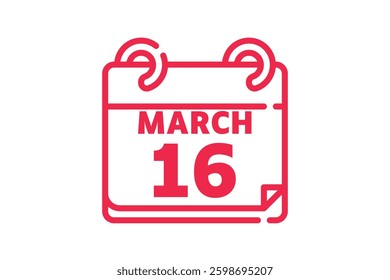 16 March calendar icon text page monthly web design on red and white background vector, icon, or illustration with the month of March 16