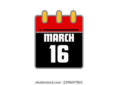 16 March calendar icon text page monthly web design on red, black, yellow and white background vector, icon, or illustration with the month of March 16