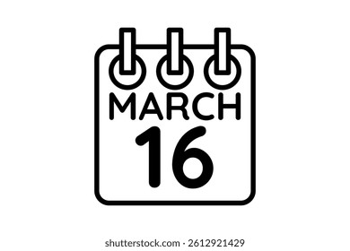 16 March calendar icon text page monthly web design on black and white background vector, icon, or illustration with the month of March 16