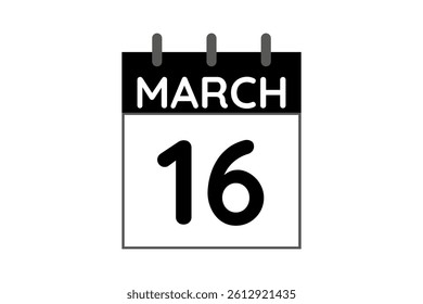 16 March calendar icon text page monthly web design on black and white background vector, icon, or illustration with the month of March 16