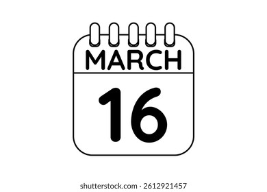 16 March calendar icon text page monthly web design on black and white background vector, icon, or illustration with the month of March 16