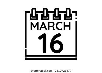 16 March calendar icon text page monthly web design on black and white background vector, icon, or illustration with the month of March 16