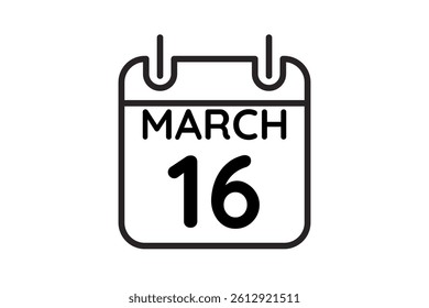 16 March calendar icon text page monthly web design on black and white background vector, icon, or illustration with the month of March 16