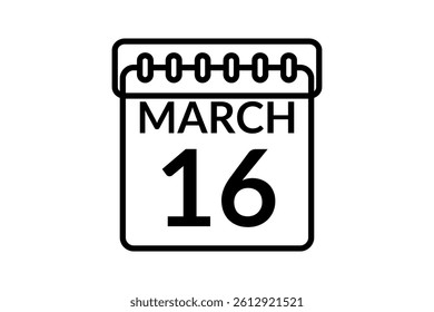 16 March calendar icon text page monthly web design on black and white background vector, icon, or illustration with the month of March 16