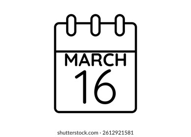 16 March calendar icon text page monthly web design on black and white background vector, icon, or illustration with the month of March 16