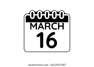 16 March calendar icon text page monthly web design on black and white background vector, icon, or illustration with the month of March 16