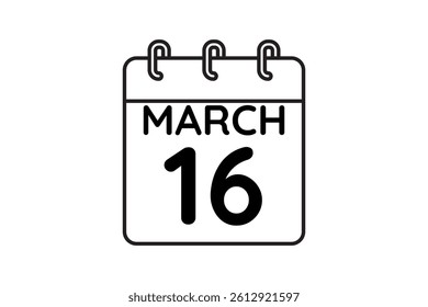 16 March calendar icon text page monthly web design on black and white background vector, icon, or illustration with the month of March 16