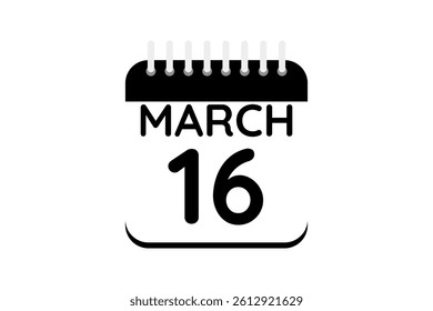 16 March calendar icon text page monthly web design on black and white background vector, icon, or illustration with the month of March 16