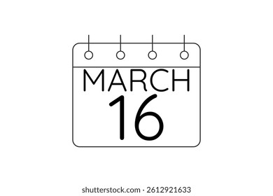 16 March calendar icon text page monthly web design on black and white background vector, icon, or illustration with the month of March 16