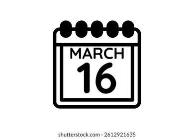16 March calendar icon text page monthly web design on black and white background vector, icon, or illustration with the month of March 16