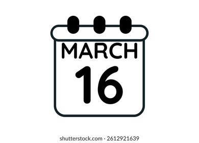 16 March calendar icon text page monthly web design on black and white background vector, icon, or illustration with the month of March 16