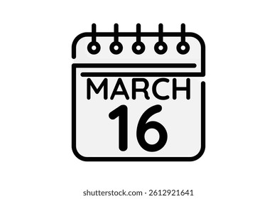 16 March calendar icon text page monthly web design on black and white background vector, icon, or illustration with the month of March 16