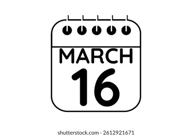 16 March calendar icon text page monthly web design on black and white background vector, icon, or illustration with the month of March 16