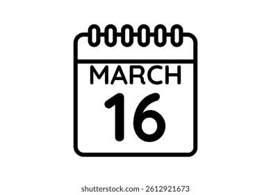 16 March calendar icon text page monthly web design on black and white background vector, icon, or illustration with the month of March 16