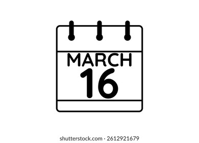 16 March calendar icon text page monthly web design on black and white background vector, icon, or illustration with the month of March 16