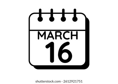 16 March calendar icon text page monthly web design on black and white background vector, icon, or illustration with the month of March 16