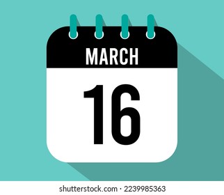 16 March calendar icon. Vector black for the month of March with shadow effect