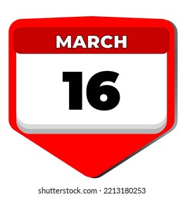 16 March vector icon calendar day. 16 date of March. Sixteenth day of March. 16th date number. 16 day calendar. Sixteen date. Vector illustration