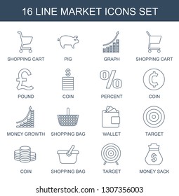 16 market icons. Trendy market icons white background. Included line icons such as shopping cart, pig, graph, pound, Coin, percent, coin, money growth. market icon for web and mobile.