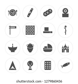 16 Matzo Ball Soup, Mezuzah, Tree of Life, Hamantaschen, Synagogue, Fish, Gragger, Religion, Tefilin modern icons on round shapes, vector illustration, eps10, trendy icon set.