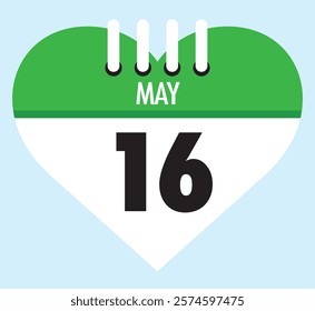 16 May calendar icon green heart shape on light sky blue color background, calendar vector symbol for the month of May.