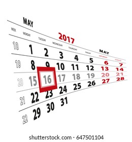 16 May highlighted on calendar 2017. Week starts from Monday. Vector Illustration.