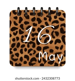 16 May. Leopard print calendar daily icon. White letters. Date day week Sunday, Monday, Tuesday, Wednesday, Thursday, Friday, Saturday.