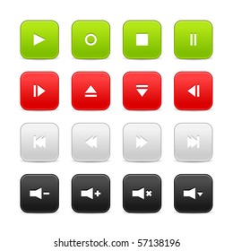 16 media audio video control web 2.0 buttons. Colorful rounded square shapes with shadow on white background