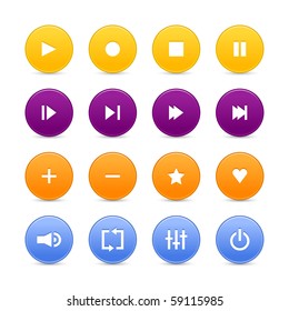 16 media audio video control web 2.0 buttons. Colorful round shapes with shadow on white background