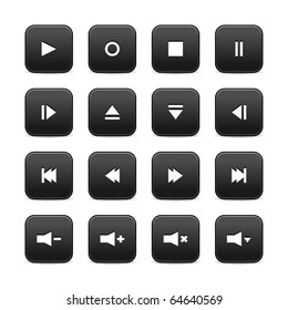 16 media audio video control web 2.0 buttons. Black rounded square shapes with shadow on white background