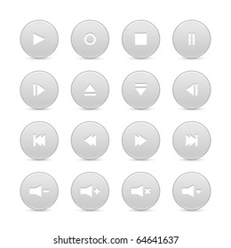 16 media audio video control web 2.0 buttons. Gray round shapes with shadow on white background