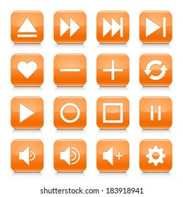 16 media control icon set 06. White sign on orange rounded square button with gray reflection, black shadow on white background. Glossy style. Vector illustration web design element in 8 eps