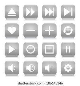 16 media control icon set 06. White sign on gray rounded square button with gray reflection, black shadow on white background. Glossy style. Vector illustration web design element in 8 eps