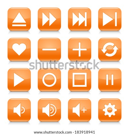 16 media control icon set 06. White sign on orange rounded square button with gray reflection, black shadow on white background. Glossy style. Vector illustration web design element in 8 eps