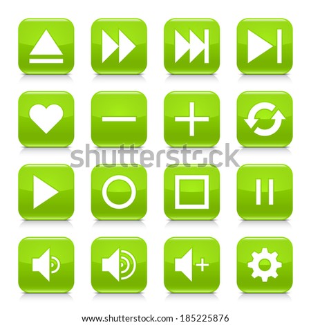 16 media control icon set 06. White sign on green rounded square button with gray reflection, black shadow on white background. Glossy style. Vector illustration web design element in 8 eps