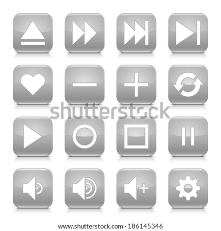 16 media control icon set 06. White sign on gray rounded square button with gray reflection, black shadow on white background. Glossy style. Vector illustration web design element in 8 eps