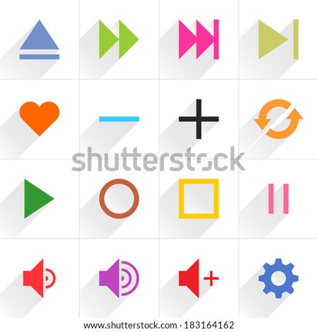 16 media control sign flat icon with long shadow (set 06). Blue, green, pink, orange, brown, yellow, violet, purple, red, cobalt, magenta signs on white background. Vector illustration element 8 eps
