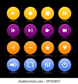 16 media control web 2.0 buttons. Colored round shapes with reflection on black background