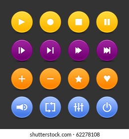 16 media control web 2.0 buttons. Colored round shapes with reflection on black background