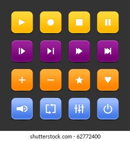16 media control web 2.0 buttons. Colored rounded square shapes with shadow on gray background