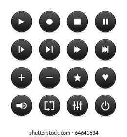 16 media media control web 2.0 buttons. Black round shapes with shadow on white background