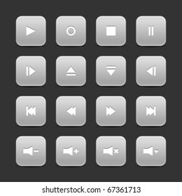 16 media control web 2.0 buttons. Gray rounded square with shadow on gray background