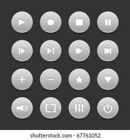 16 media control web 2.0 buttons. Gray round shapes with shadow on gray background