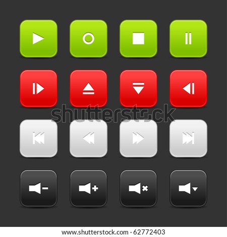 16 media control web 2.0 buttons. Colored rounded square shapes with shadow on gray background