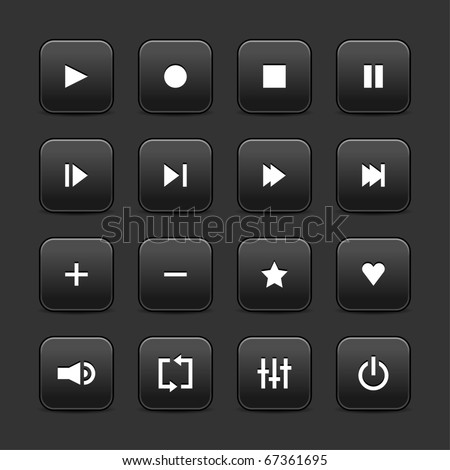 16 media control web 2.0 buttons. Black rounded square with shadow on gray background